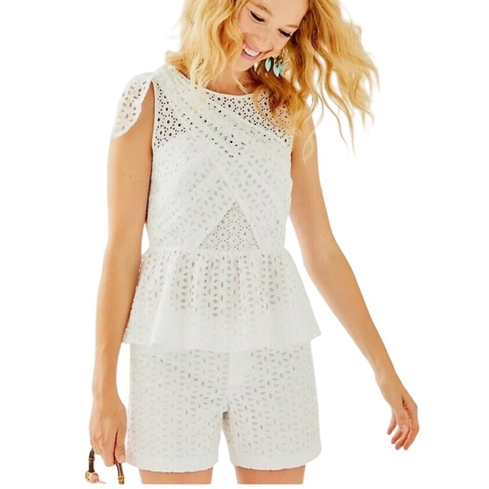 Lilly Pulitzer Top 0 Diara White Oval Flower Petal Eyelet Blouse XS NWT $148